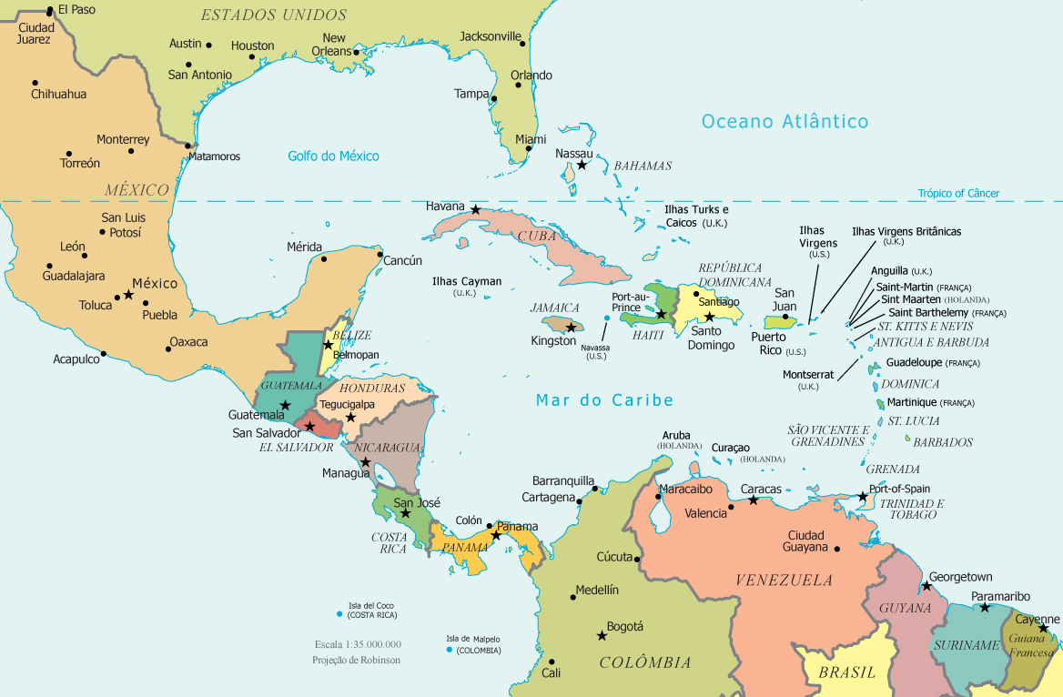 Mapa da América Central e Caribe