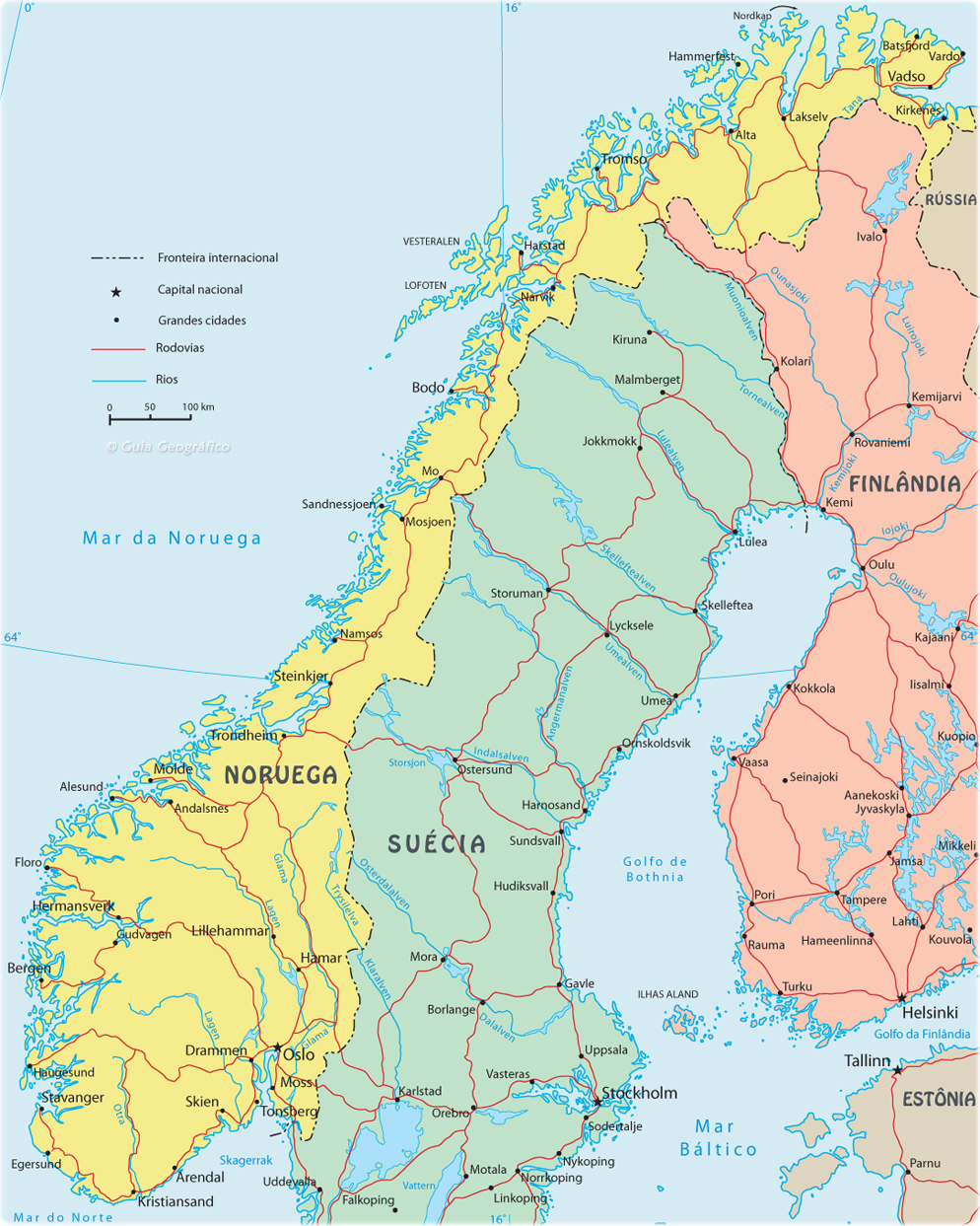 Mapa do norte da europa com fronteiras dos países da escandinávia